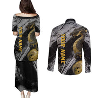 Golden Dragon and Bowling Ball Design Couples Matching Puletasi and Long Sleeve Button Shirt with Marble Stone Texture and Custom Team Name Text - Wonder Print Shop