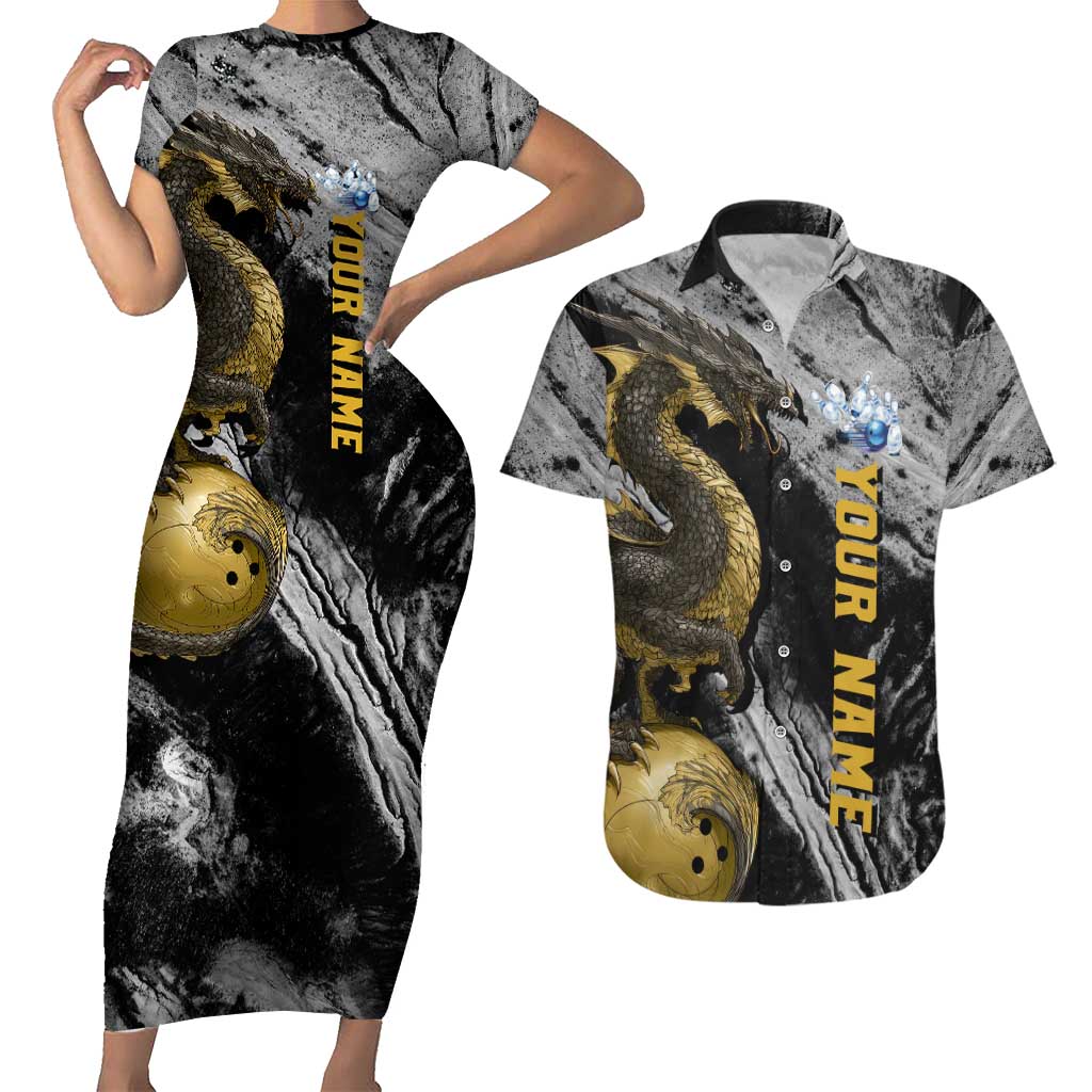 Golden Dragon and Bowling Ball Design Couples Matching Short Sleeve Bodycon Dress and Hawaiian Shirt with Marble Stone Texture and Custom Team Name Text - Wonder Print Shop