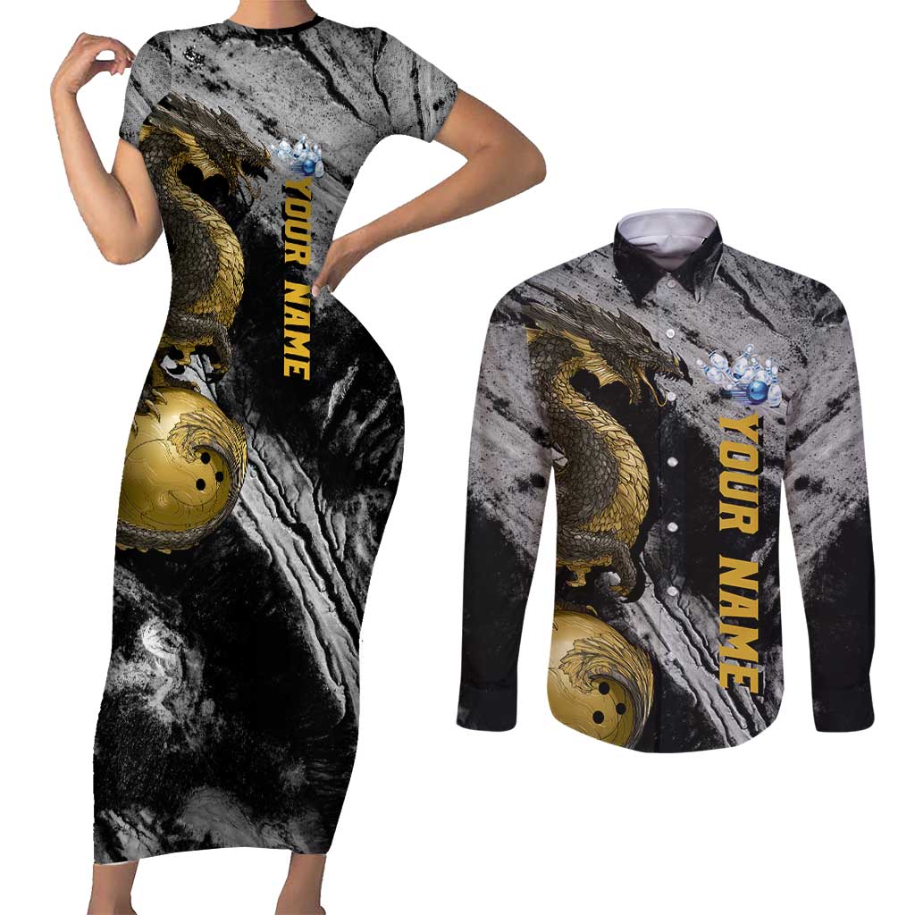 Golden Dragon and Bowling Ball Design Couples Matching Short Sleeve Bodycon Dress and Long Sleeve Button Shirt with Marble Stone Texture and Custom Team Name Text - Wonder Print Shop