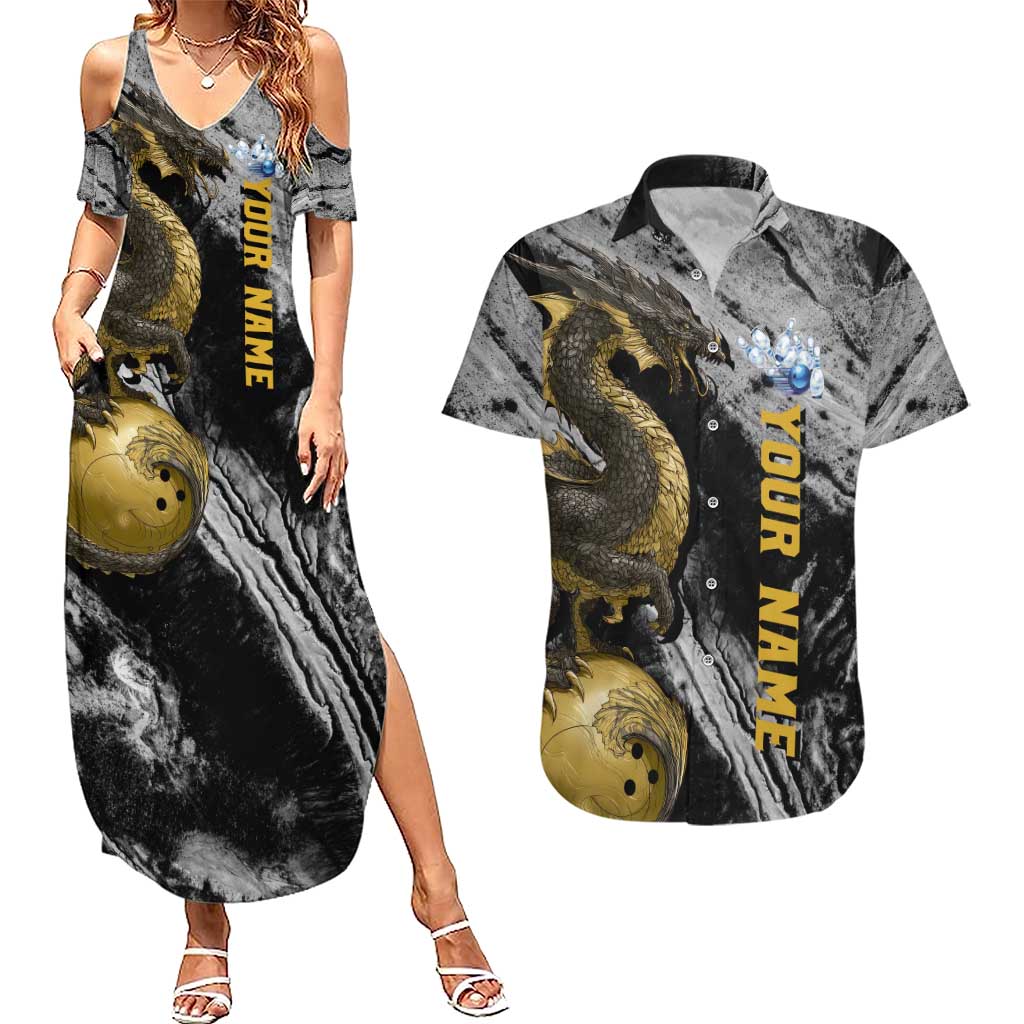 Golden Dragon and Bowling Ball Design Couples Matching Summer Maxi Dress and Hawaiian Shirt with Marble Stone Texture and Custom Team Name Text - Wonder Print Shop