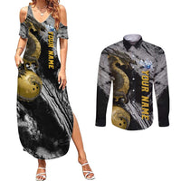 Golden Dragon and Bowling Ball Design Couples Matching Summer Maxi Dress and Long Sleeve Button Shirt with Marble Stone Texture and Custom Team Name Text - Wonder Print Shop