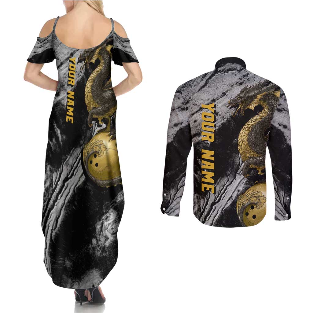 Golden Dragon and Bowling Ball Design Couples Matching Summer Maxi Dress and Long Sleeve Button Shirt with Marble Stone Texture and Custom Team Name Text - Wonder Print Shop