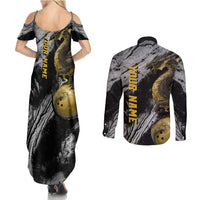 Golden Dragon and Bowling Ball Design Couples Matching Summer Maxi Dress and Long Sleeve Button Shirt with Marble Stone Texture and Custom Team Name Text - Wonder Print Shop