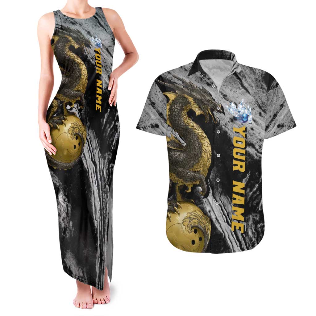 Golden Dragon and Bowling Ball Design Couples Matching Tank Maxi Dress and Hawaiian Shirt with Marble Stone Texture and Custom Team Name Text - Wonder Print Shop