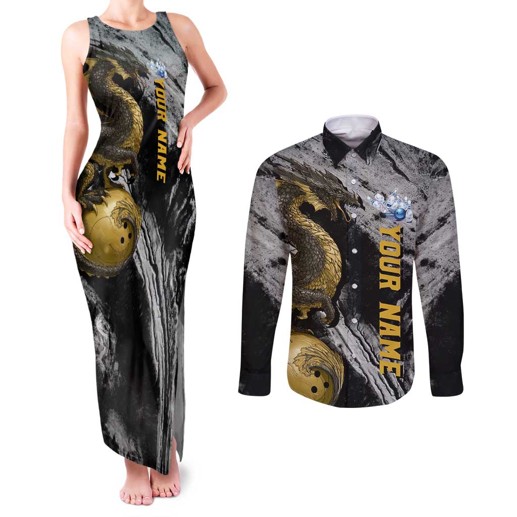 Golden Dragon and Bowling Ball Design Couples Matching Tank Maxi Dress and Long Sleeve Button Shirt with Marble Stone Texture and Custom Team Name Text - Wonder Print Shop