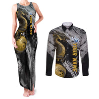 Golden Dragon and Bowling Ball Design Couples Matching Tank Maxi Dress and Long Sleeve Button Shirt with Marble Stone Texture and Custom Team Name Text - Wonder Print Shop