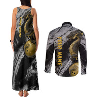 Golden Dragon and Bowling Ball Design Couples Matching Tank Maxi Dress and Long Sleeve Button Shirt with Marble Stone Texture and Custom Team Name Text - Wonder Print Shop