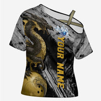 Golden Dragon and Bowling Ball Design Cross Shoulder Shirt with Marble Stone Texture and Custom Team Name Text - Wonder Print Shop