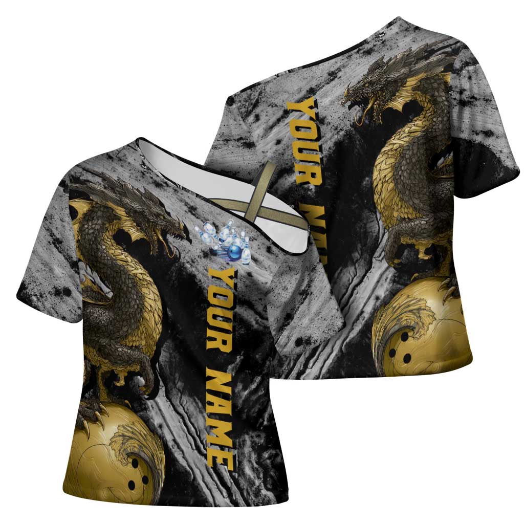 Golden Dragon and Bowling Ball Design Cross Shoulder Shirt with Marble Stone Texture and Custom Team Name Text - Wonder Print Shop