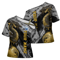 Golden Dragon and Bowling Ball Design Cross Shoulder Shirt with Marble Stone Texture and Custom Team Name Text - Wonder Print Shop
