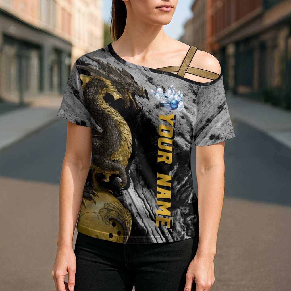 Golden Dragon and Bowling Ball Design Cross Shoulder Shirt with Marble Stone Texture and Custom Team Name Text - Wonder Print Shop