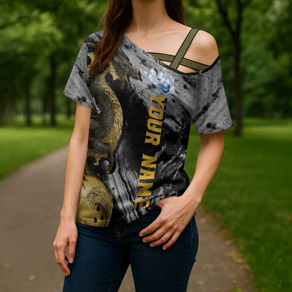 Golden Dragon and Bowling Ball Design Cross Shoulder Shirt with Marble Stone Texture and Custom Team Name Text - Wonder Print Shop