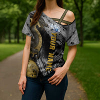 Golden Dragon and Bowling Ball Design Cross Shoulder Shirt with Marble Stone Texture and Custom Team Name Text - Wonder Print Shop