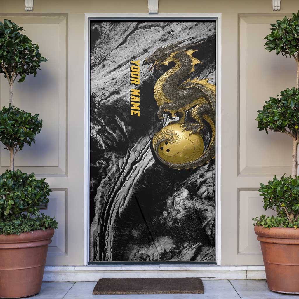 Golden Dragon and Bowling Ball Design Door Cover with Marble Stone Texture and Custom Team Name Text - Wonder Print Shop