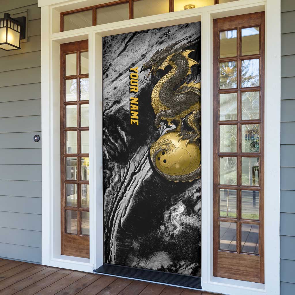 Golden Dragon and Bowling Ball Design Door Cover with Marble Stone Texture and Custom Team Name Text - Wonder Print Shop