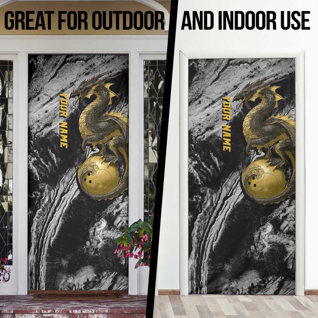 Golden Dragon and Bowling Ball Design Door Cover with Marble Stone Texture and Custom Team Name Text - Wonder Print Shop