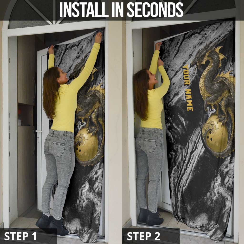 Golden Dragon and Bowling Ball Design Door Cover with Marble Stone Texture and Custom Team Name Text - Wonder Print Shop