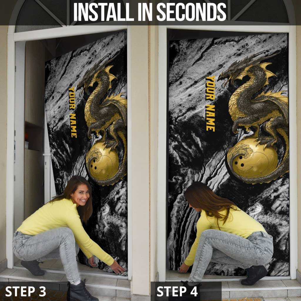 Golden Dragon and Bowling Ball Design Door Cover with Marble Stone Texture and Custom Team Name Text - Wonder Print Shop