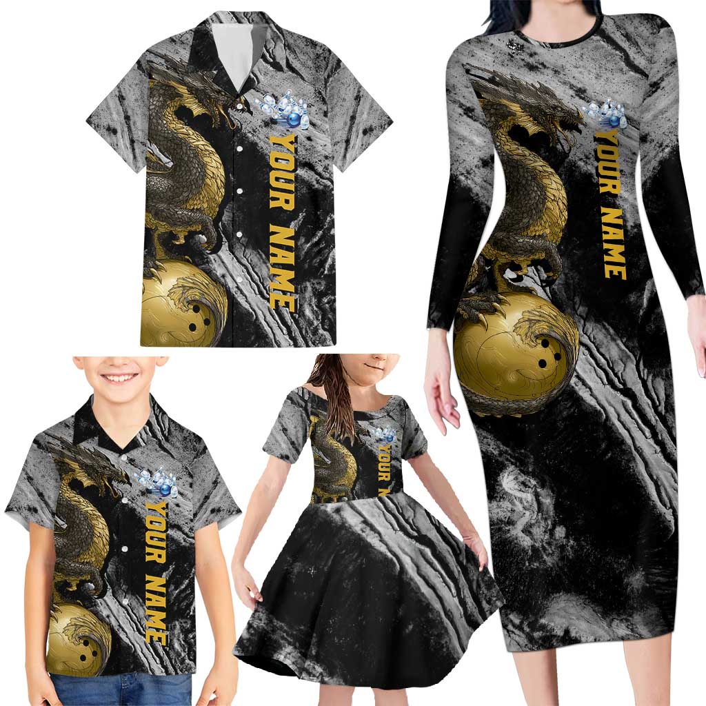 Golden Dragon and Bowling Ball Design Family Matching Long Sleeve Bodycon Dress and Hawaiian Shirt with Marble Stone Texture and Custom Team Name Text - Wonder Print Shop