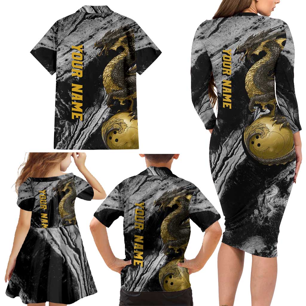 Golden Dragon and Bowling Ball Design Family Matching Long Sleeve Bodycon Dress and Hawaiian Shirt with Marble Stone Texture and Custom Team Name Text - Wonder Print Shop