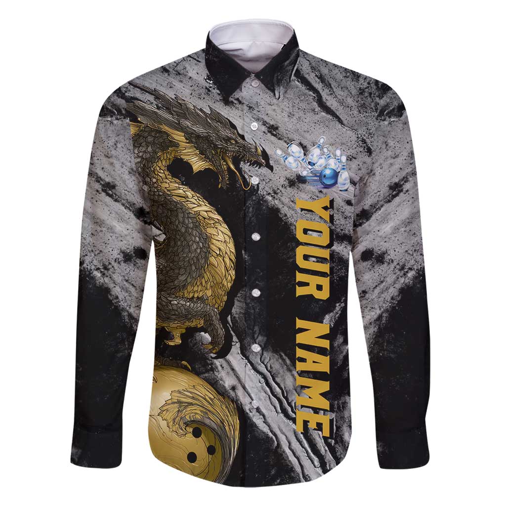 Golden Dragon and Bowling Ball Design Family Matching Long Sleeve Bodycon Dress and Hawaiian Shirt with Marble Stone Texture and Custom Team Name Text - Wonder Print Shop