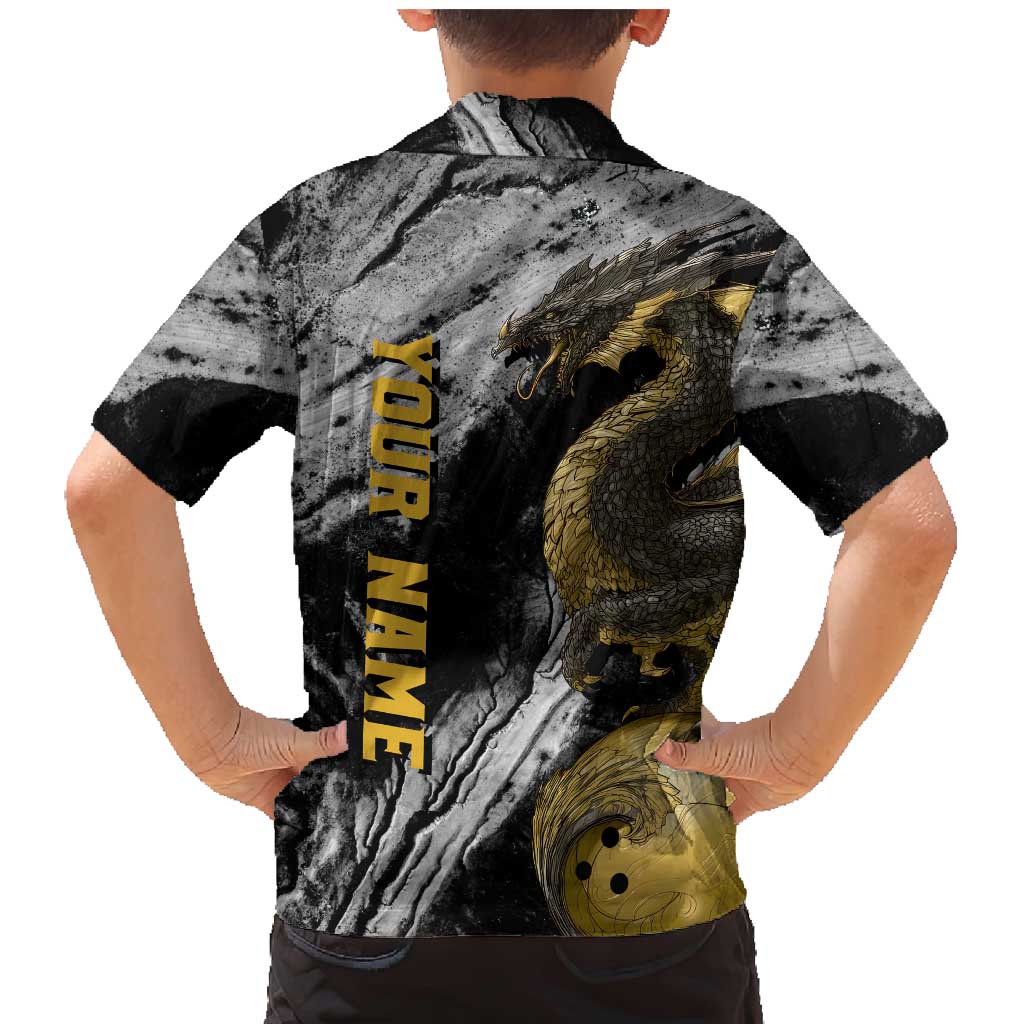 Golden Dragon and Bowling Ball Design Family Matching Mermaid Dress and Hawaiian Shirt with Marble Stone Texture and Custom Team Name Text - Wonder Print Shop