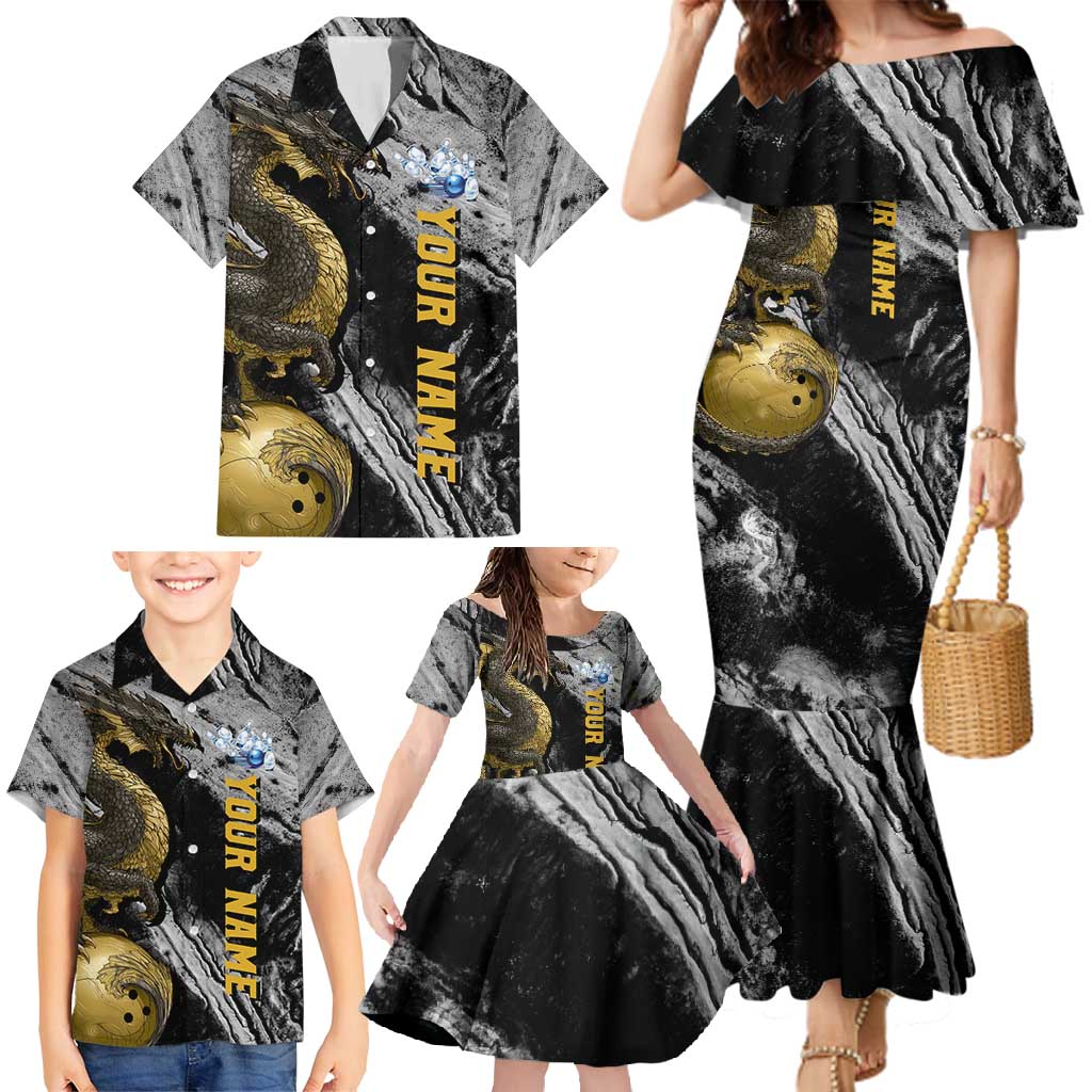 Golden Dragon and Bowling Ball Design Family Matching Mermaid Dress and Hawaiian Shirt with Marble Stone Texture and Custom Team Name Text - Wonder Print Shop