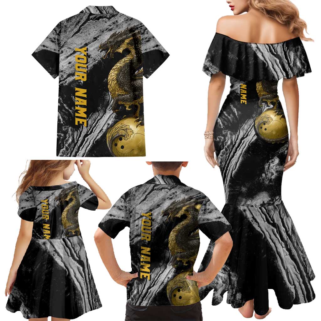 Golden Dragon and Bowling Ball Design Family Matching Mermaid Dress and Hawaiian Shirt with Marble Stone Texture and Custom Team Name Text - Wonder Print Shop