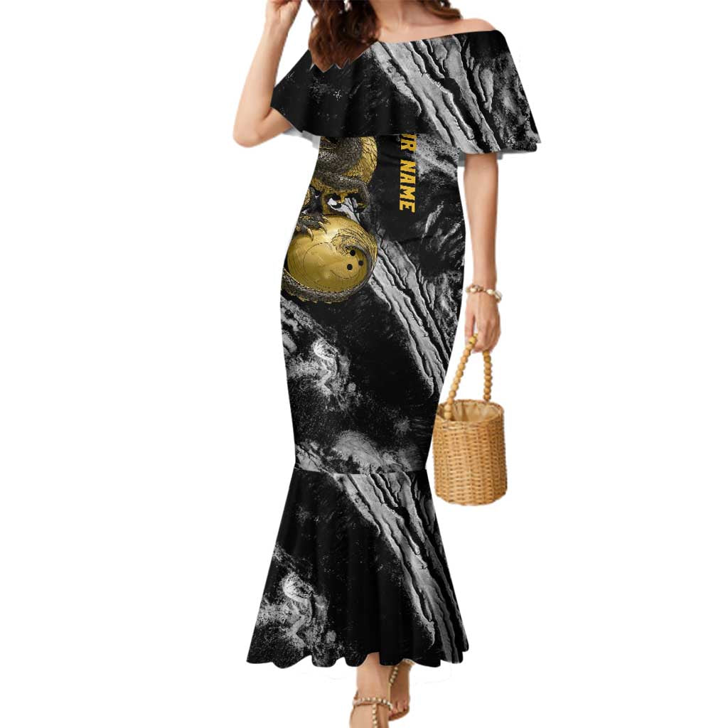 Golden Dragon and Bowling Ball Design Family Matching Mermaid Dress and Hawaiian Shirt with Marble Stone Texture and Custom Team Name Text - Wonder Print Shop