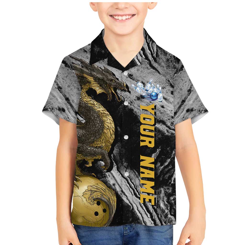 Golden Dragon and Bowling Ball Design Family Matching Mermaid Dress and Hawaiian Shirt with Marble Stone Texture and Custom Team Name Text - Wonder Print Shop