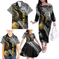 Golden Dragon and Bowling Ball Design Family Matching Off The Shoulder Long Sleeve Dress and Hawaiian Shirt with Marble Stone Texture and Custom Team Name Text - Wonder Print Shop