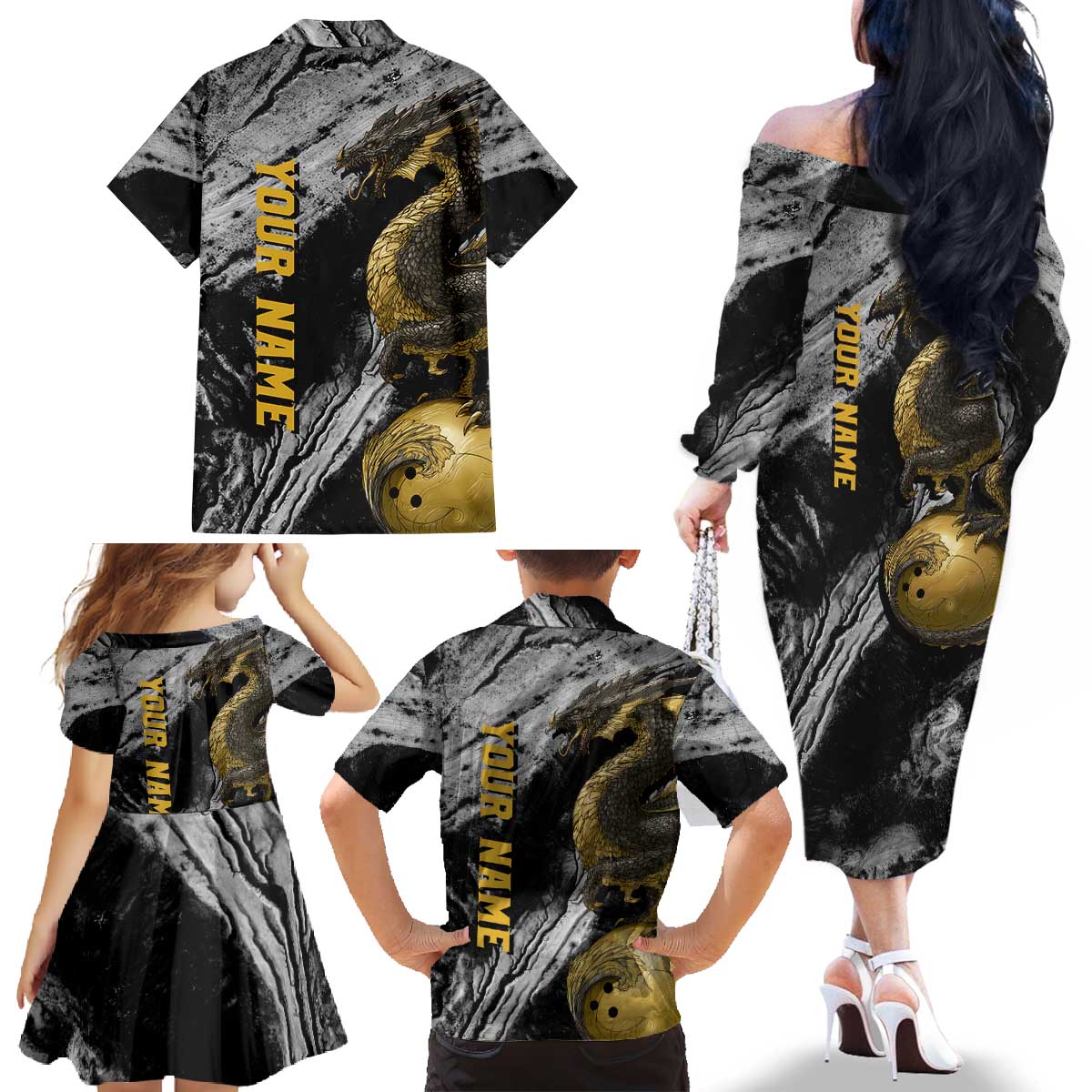 Golden Dragon and Bowling Ball Design Family Matching Off The Shoulder Long Sleeve Dress and Hawaiian Shirt with Marble Stone Texture and Custom Team Name Text - Wonder Print Shop