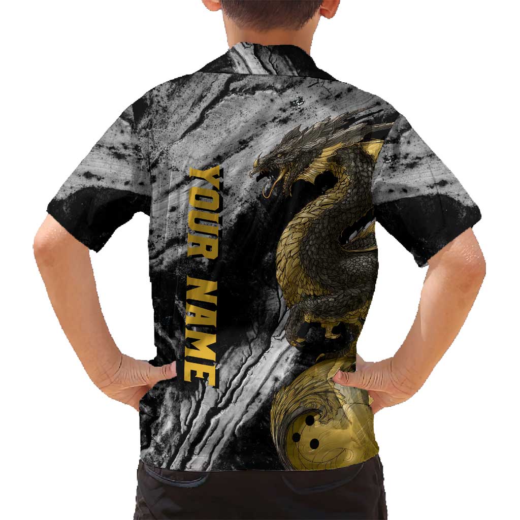Golden Dragon and Bowling Ball Design Family Matching Off Shoulder Maxi Dress and Hawaiian Shirt with Marble Stone Texture and Custom Team Name Text - Wonder Print Shop