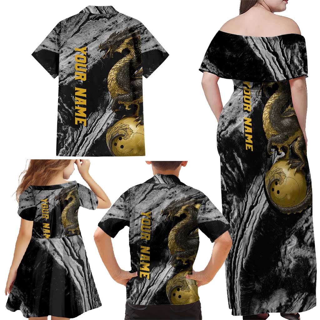 Golden Dragon and Bowling Ball Design Family Matching Off Shoulder Maxi Dress and Hawaiian Shirt with Marble Stone Texture and Custom Team Name Text - Wonder Print Shop