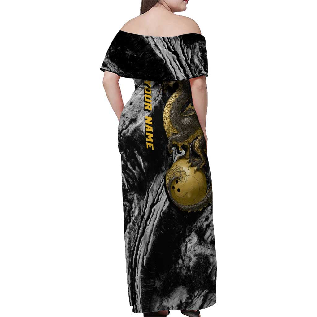 Golden Dragon and Bowling Ball Design Family Matching Off Shoulder Maxi Dress and Hawaiian Shirt with Marble Stone Texture and Custom Team Name Text - Wonder Print Shop