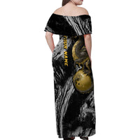 Golden Dragon and Bowling Ball Design Family Matching Off Shoulder Maxi Dress and Hawaiian Shirt with Marble Stone Texture and Custom Team Name Text - Wonder Print Shop