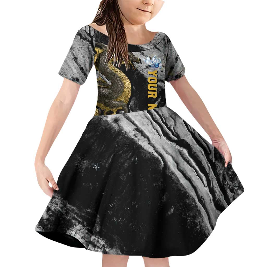 Golden Dragon and Bowling Ball Design Family Matching Off Shoulder Short Dress and Hawaiian Shirt with Marble Stone Texture and Custom Team Name Text - Wonder Print Shop