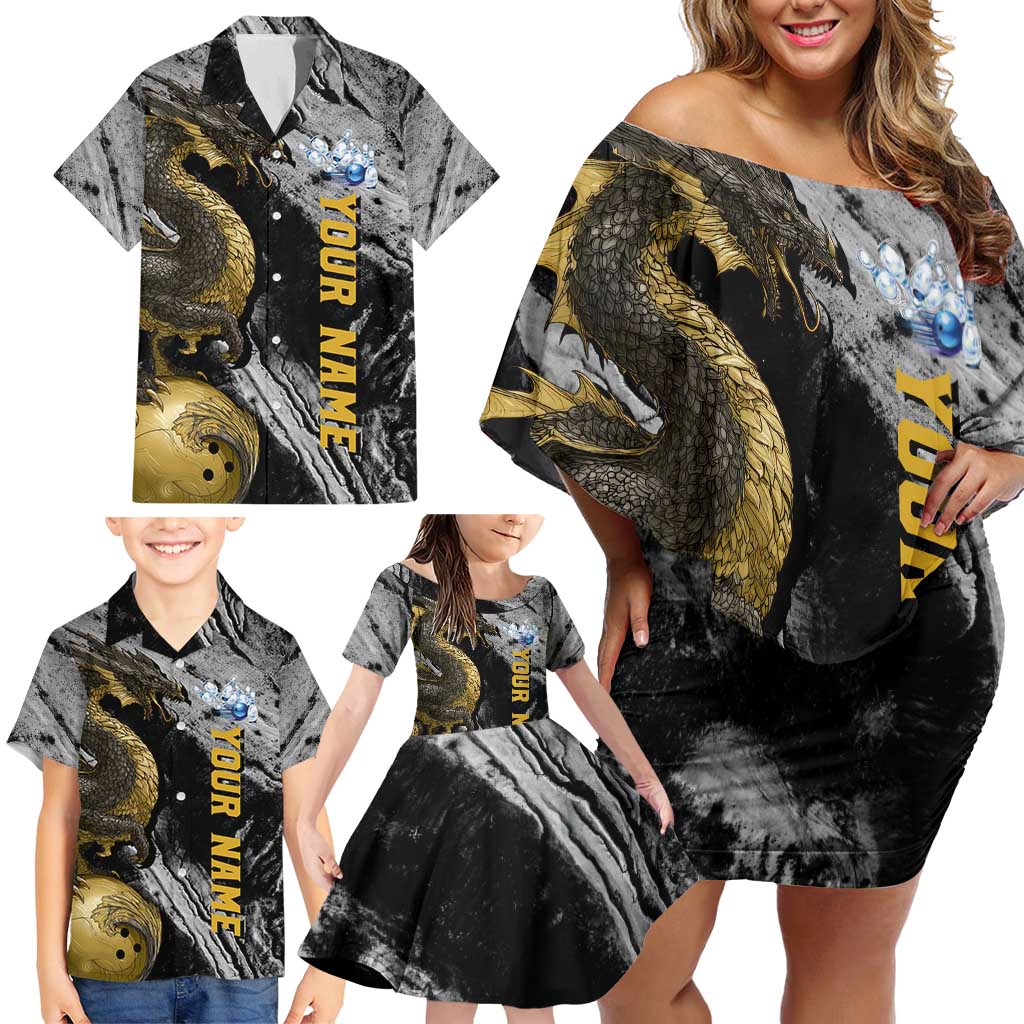 Golden Dragon and Bowling Ball Design Family Matching Off Shoulder Short Dress and Hawaiian Shirt with Marble Stone Texture and Custom Team Name Text - Wonder Print Shop