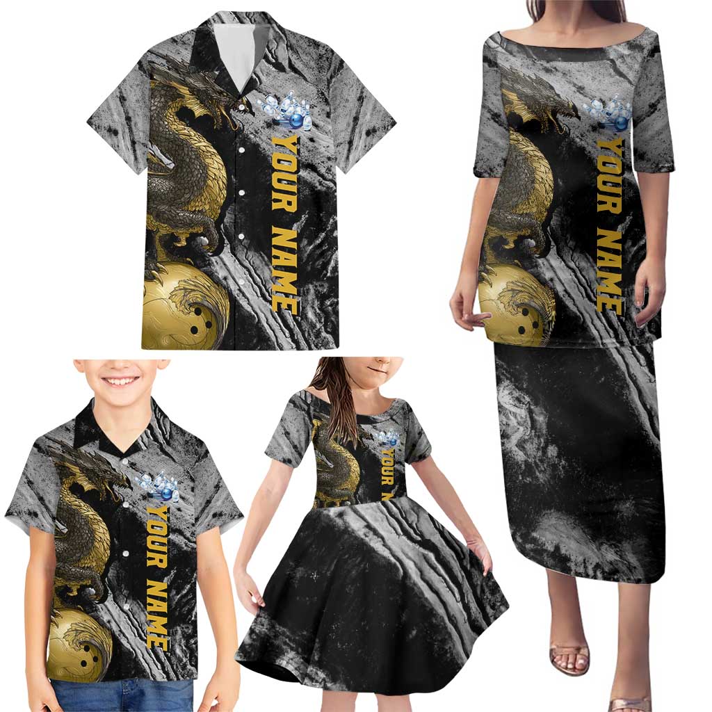 Golden Dragon and Bowling Ball Design Family Matching Puletasi and Hawaiian Shirt with Marble Stone Texture and Custom Team Name Text - Wonder Print Shop