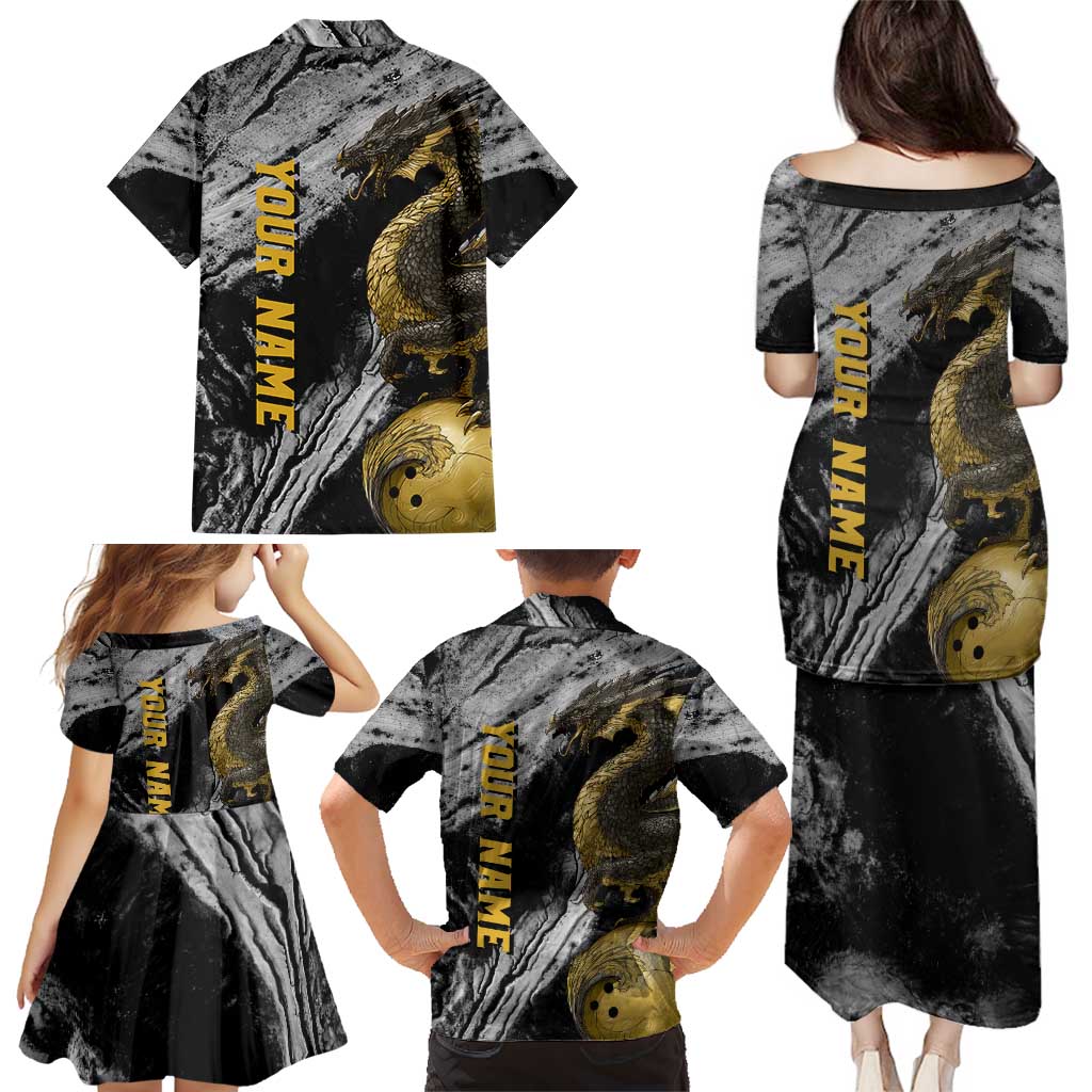 Golden Dragon and Bowling Ball Design Family Matching Puletasi and Hawaiian Shirt with Marble Stone Texture and Custom Team Name Text - Wonder Print Shop