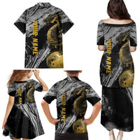 Golden Dragon and Bowling Ball Design Family Matching Puletasi and Hawaiian Shirt with Marble Stone Texture and Custom Team Name Text - Wonder Print Shop