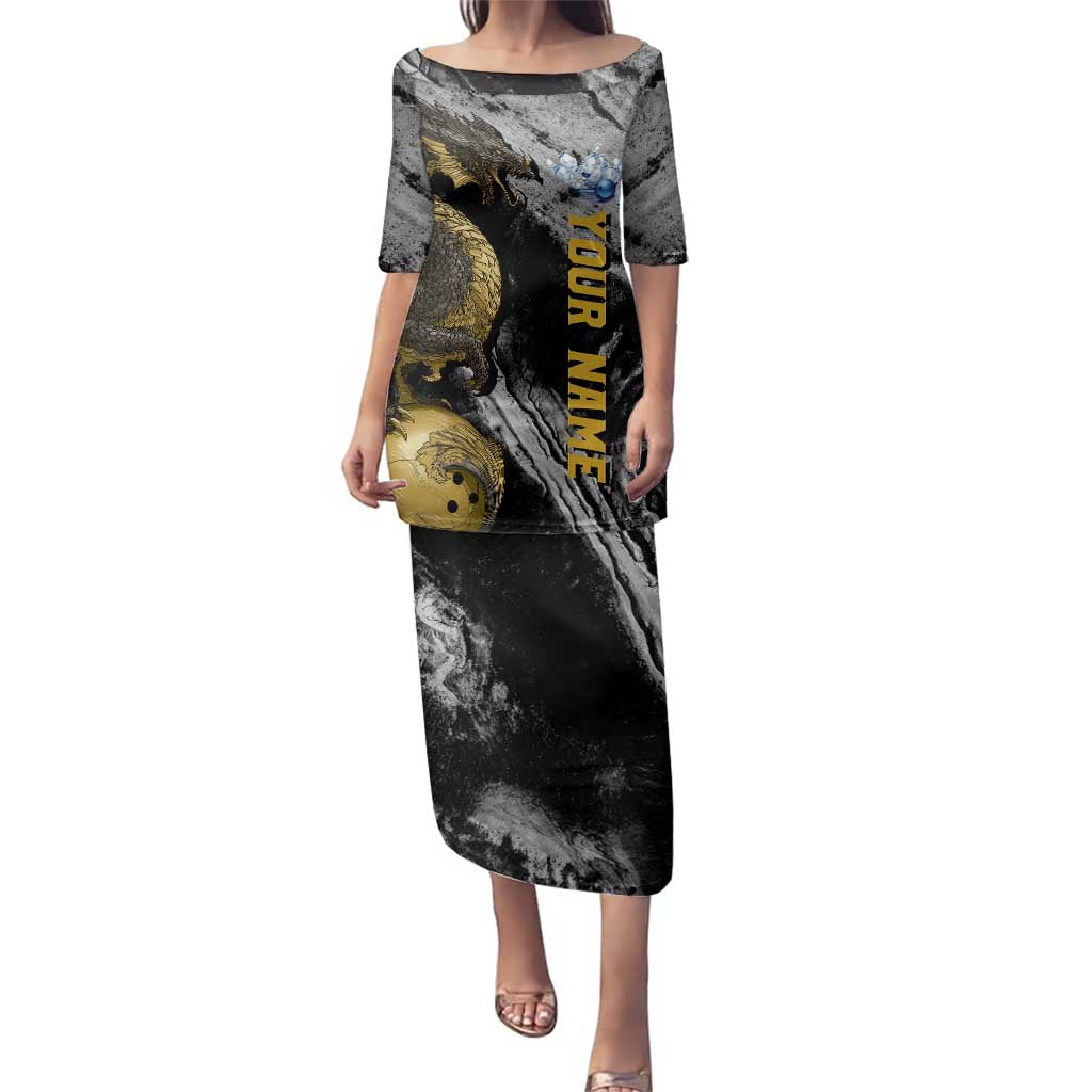 Golden Dragon and Bowling Ball Design Family Matching Puletasi and Hawaiian Shirt with Marble Stone Texture and Custom Team Name Text - Wonder Print Shop