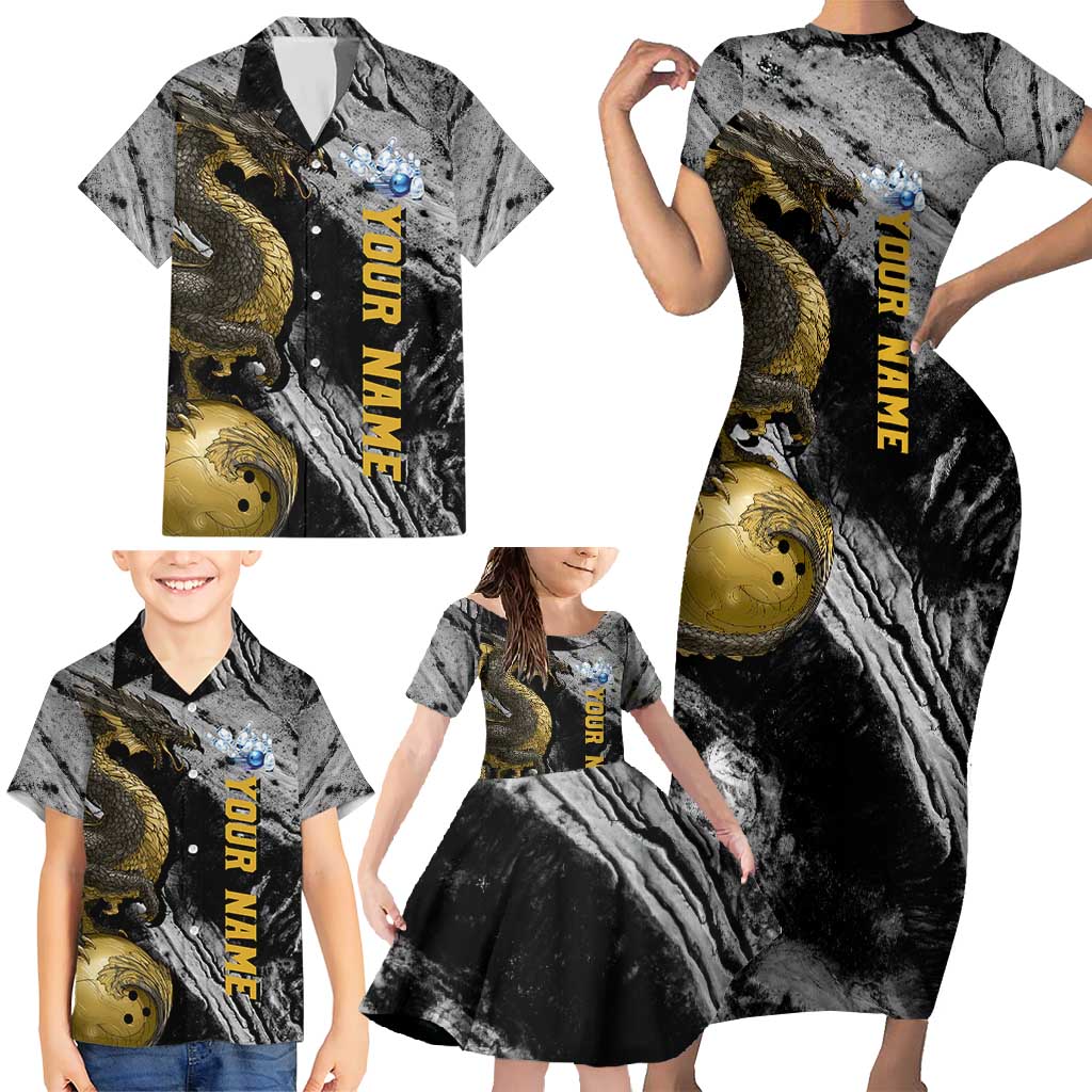 Golden Dragon and Bowling Ball Design Family Matching Short Sleeve Bodycon Dress and Hawaiian Shirt with Marble Stone Texture and Custom Team Name Text - Wonder Print Shop