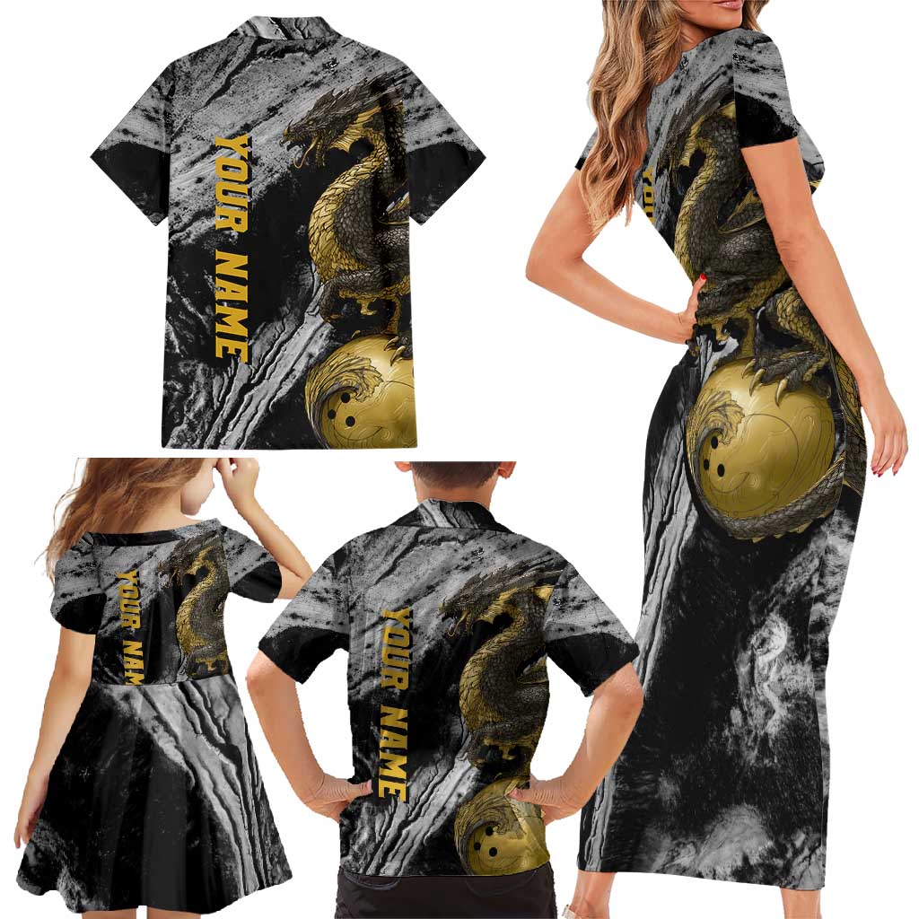 Golden Dragon and Bowling Ball Design Family Matching Short Sleeve Bodycon Dress and Hawaiian Shirt with Marble Stone Texture and Custom Team Name Text - Wonder Print Shop