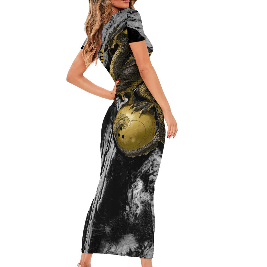 Golden Dragon and Bowling Ball Design Family Matching Short Sleeve Bodycon Dress and Hawaiian Shirt with Marble Stone Texture and Custom Team Name Text - Wonder Print Shop