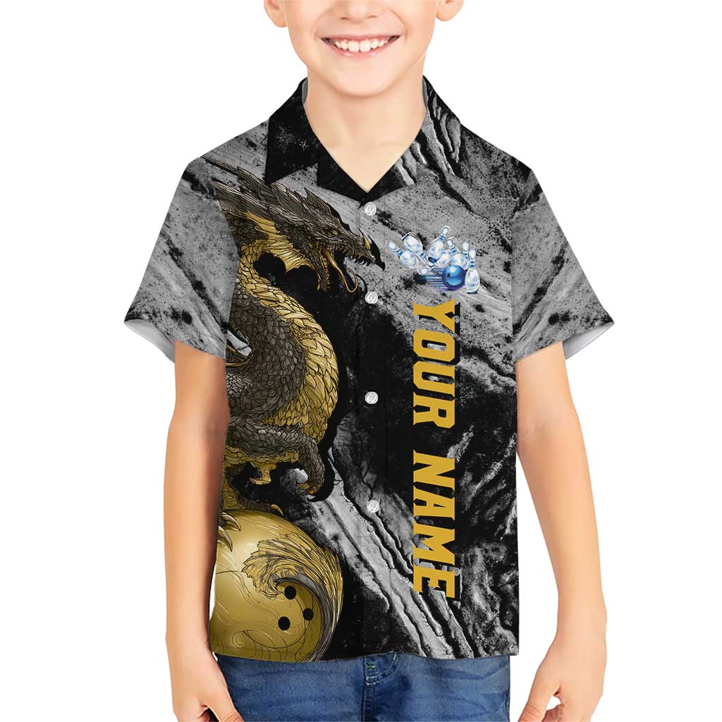 Golden Dragon and Bowling Ball Design Family Matching Short Sleeve Bodycon Dress and Hawaiian Shirt with Marble Stone Texture and Custom Team Name Text - Wonder Print Shop