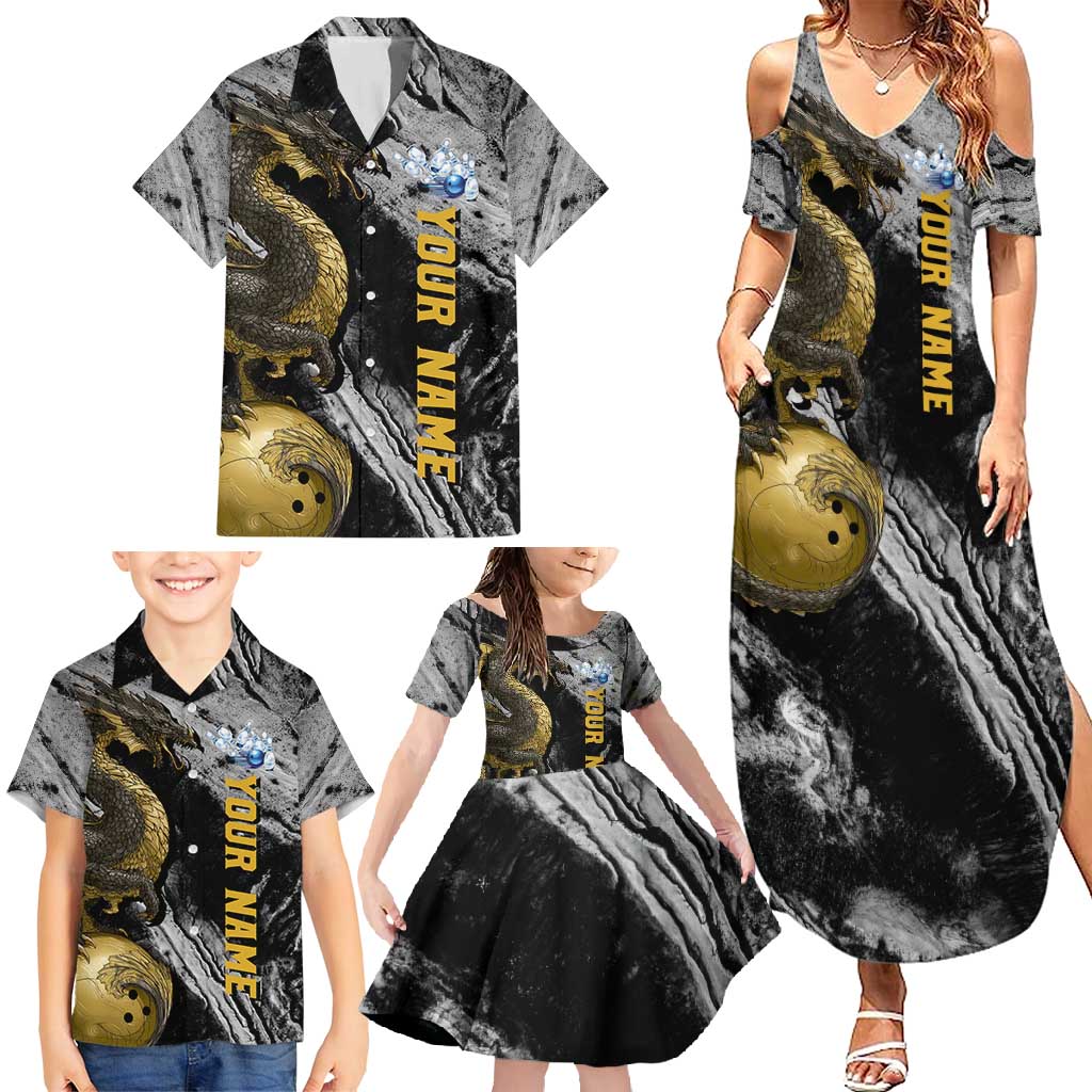 Golden Dragon and Bowling Ball Design Family Matching Summer Maxi Dress and Hawaiian Shirt with Marble Stone Texture and Custom Team Name Text - Wonder Print Shop