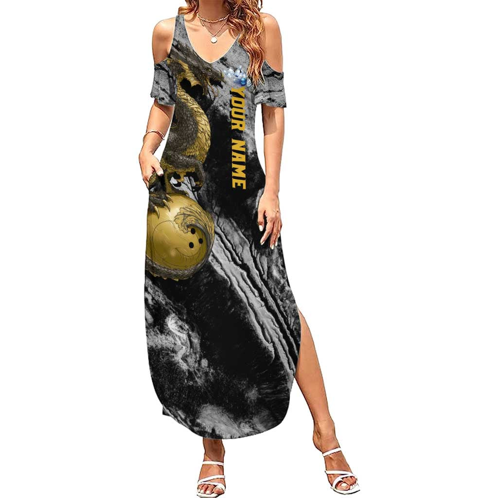Golden Dragon and Bowling Ball Design Family Matching Summer Maxi Dress and Hawaiian Shirt with Marble Stone Texture and Custom Team Name Text - Wonder Print Shop