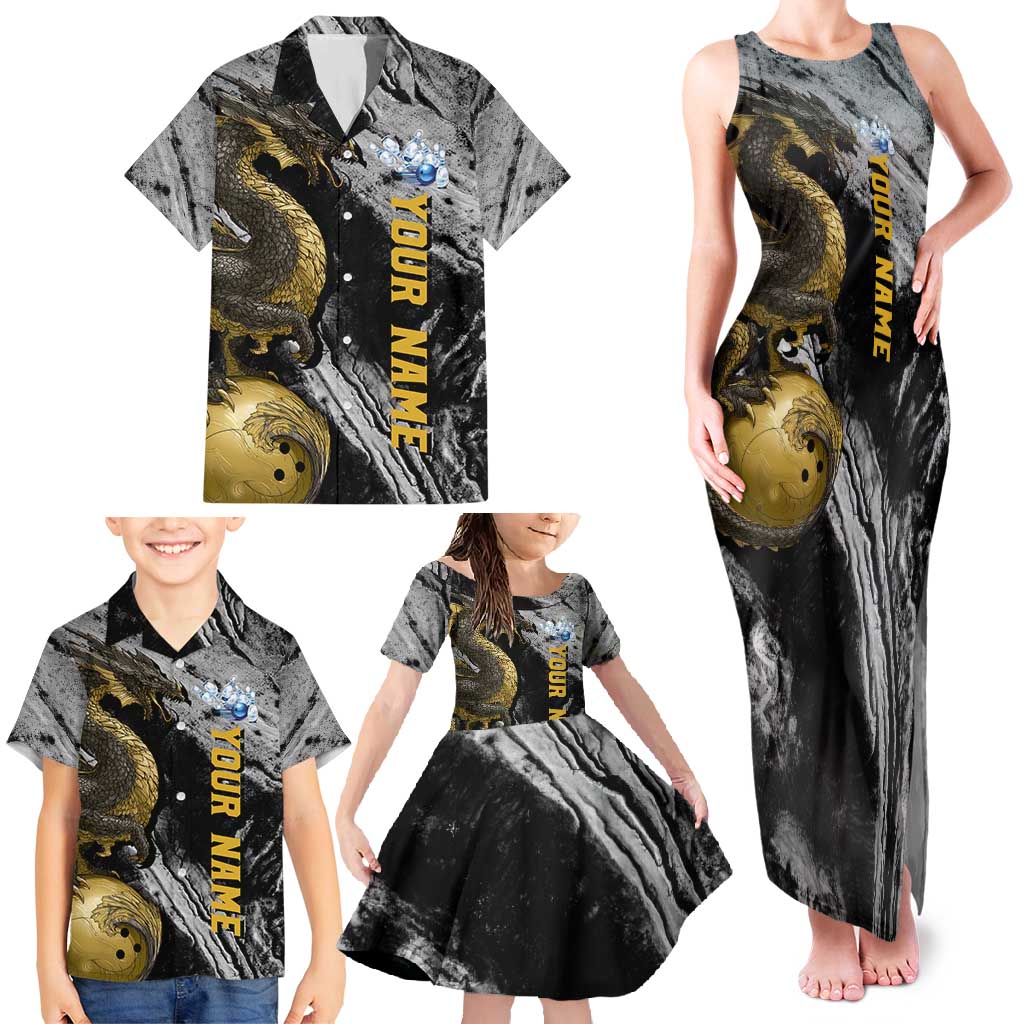 Golden Dragon and Bowling Ball Design Family Matching Tank Maxi Dress and Hawaiian Shirt with Marble Stone Texture and Custom Team Name Text - Wonder Print Shop