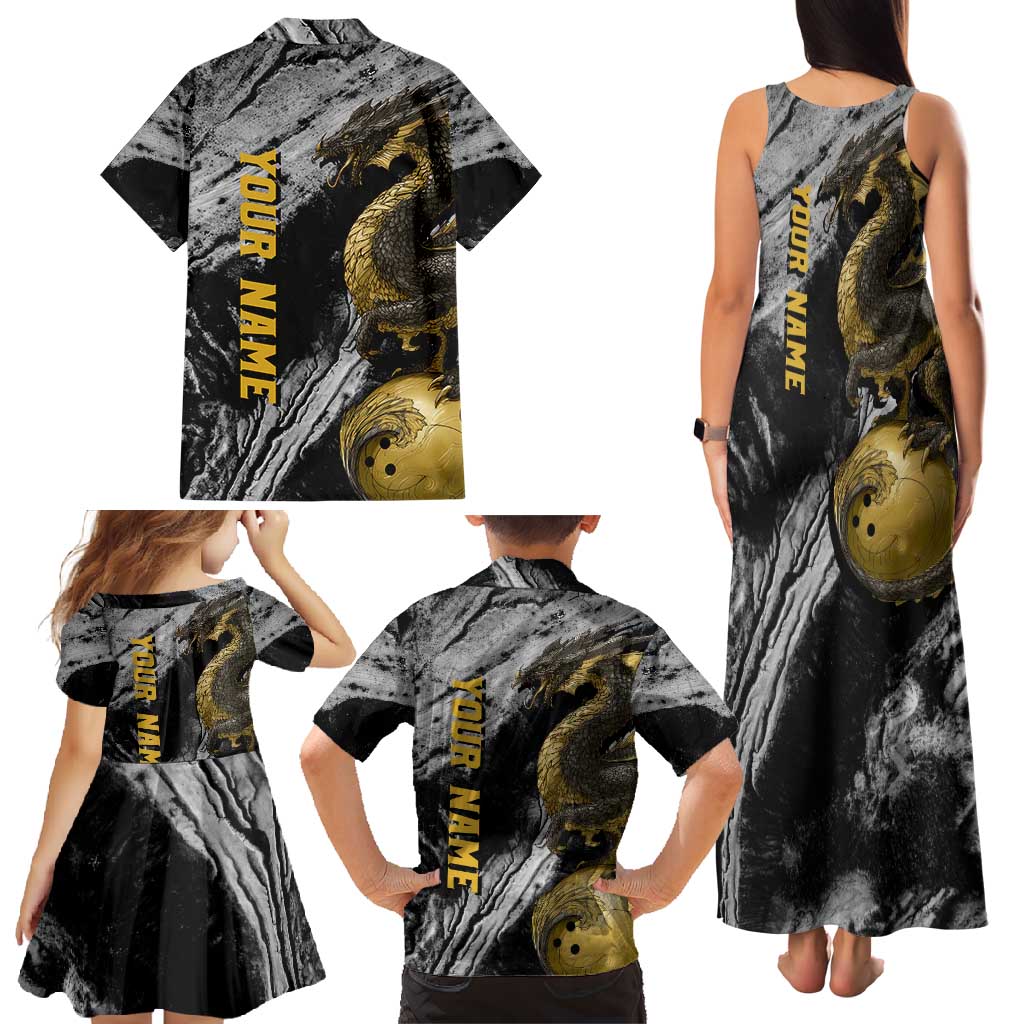 Golden Dragon and Bowling Ball Design Family Matching Tank Maxi Dress and Hawaiian Shirt with Marble Stone Texture and Custom Team Name Text - Wonder Print Shop